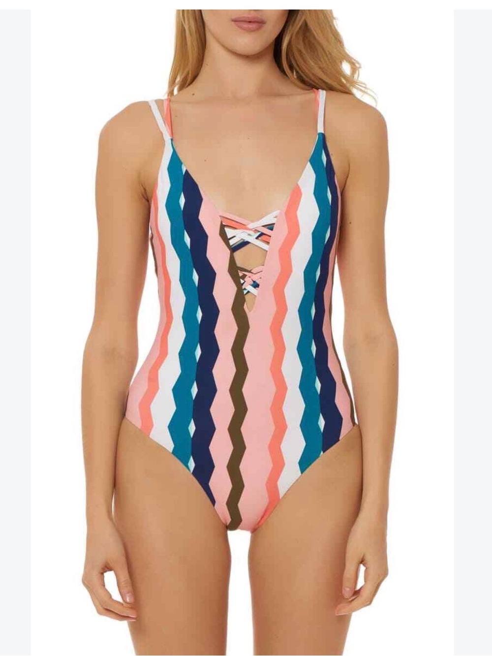 Red Carter Multicolor Zigzag Plunging One-Piece Swimsuit size L